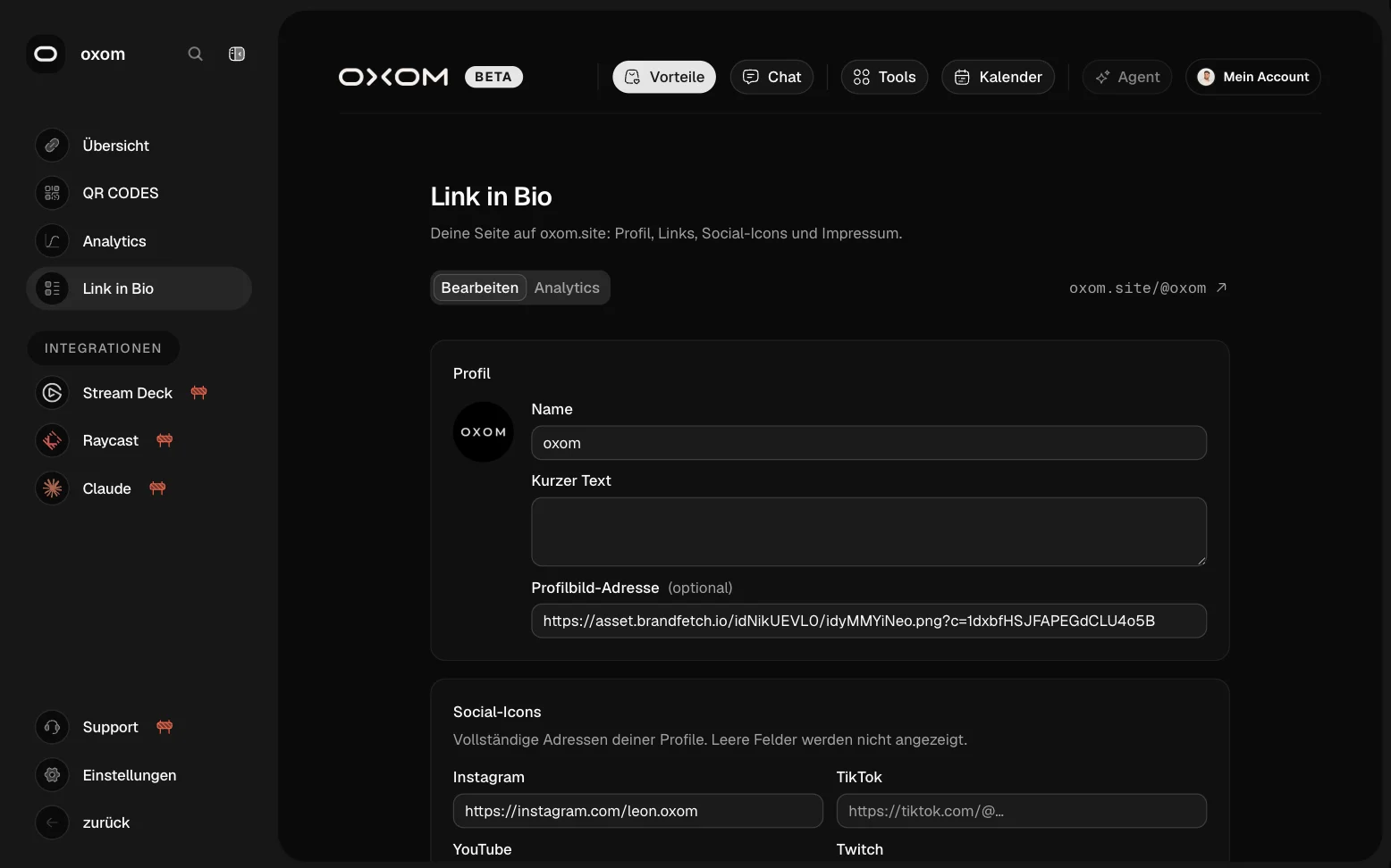 Link-in-Bio-Editor mit Profil und Social-Icons