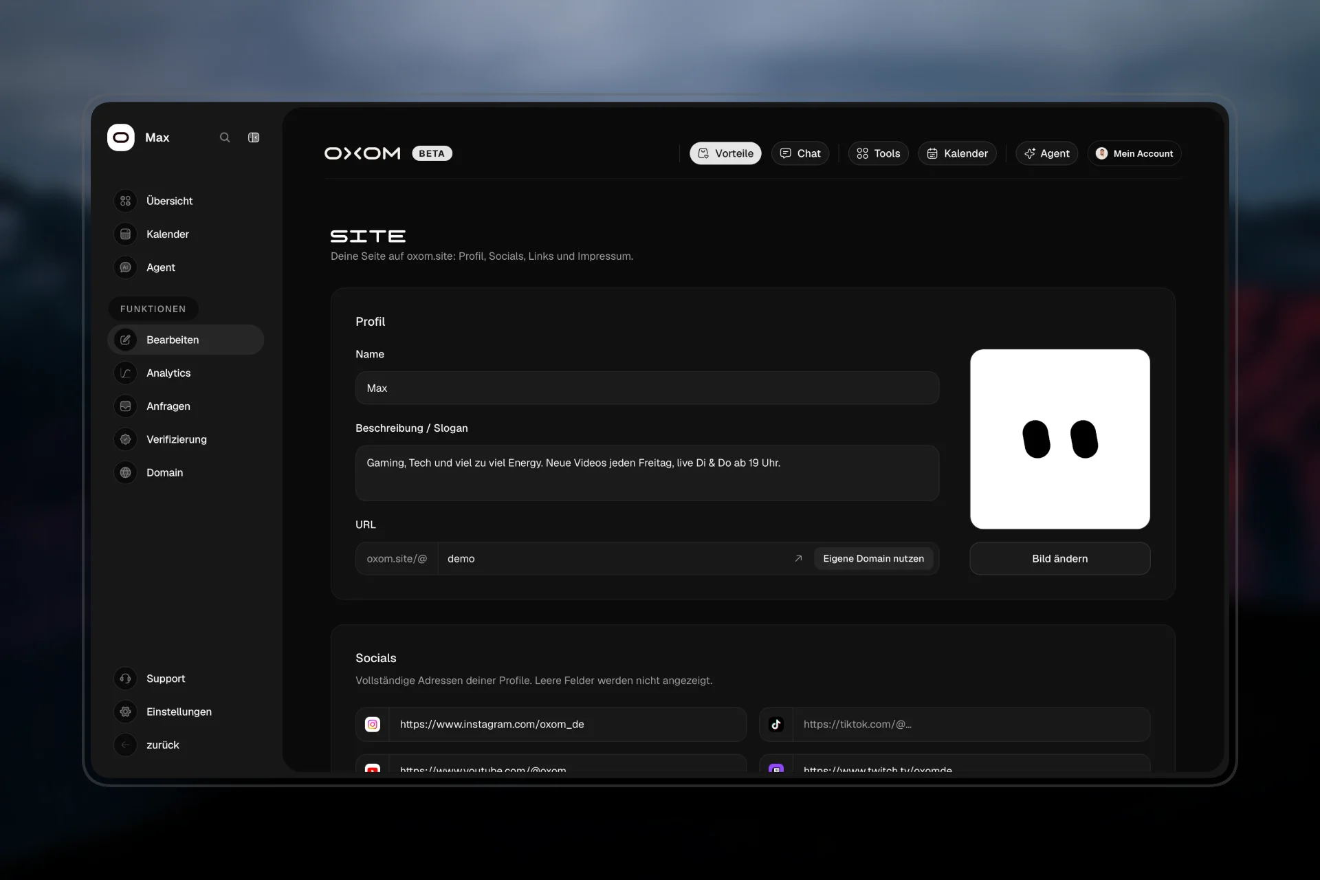 SITE im Workspace: Profil, Socials und Adresse bearbeiten